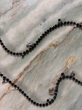 Swarovski Black Crystal Charm Necklace Rosary Style ~30" Stars Cross Heart